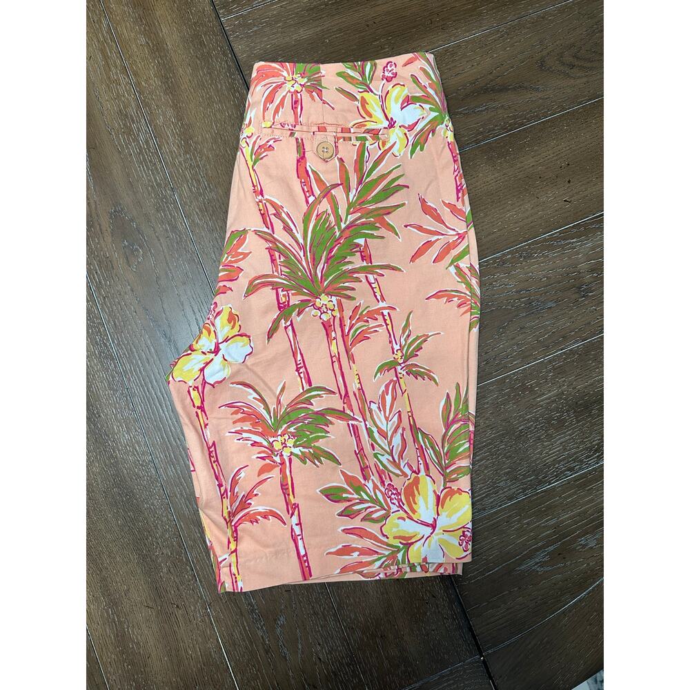 EUC Pappagallo Bermuda Shorts Tropical Palm Tree Peach Pink Green Sz 12 Side Zip - Picture 3 of 8